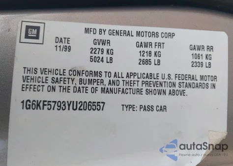 2000 Cadillac Deville Dts из США, поврежденный, VIN 1G6KF5793YU206557